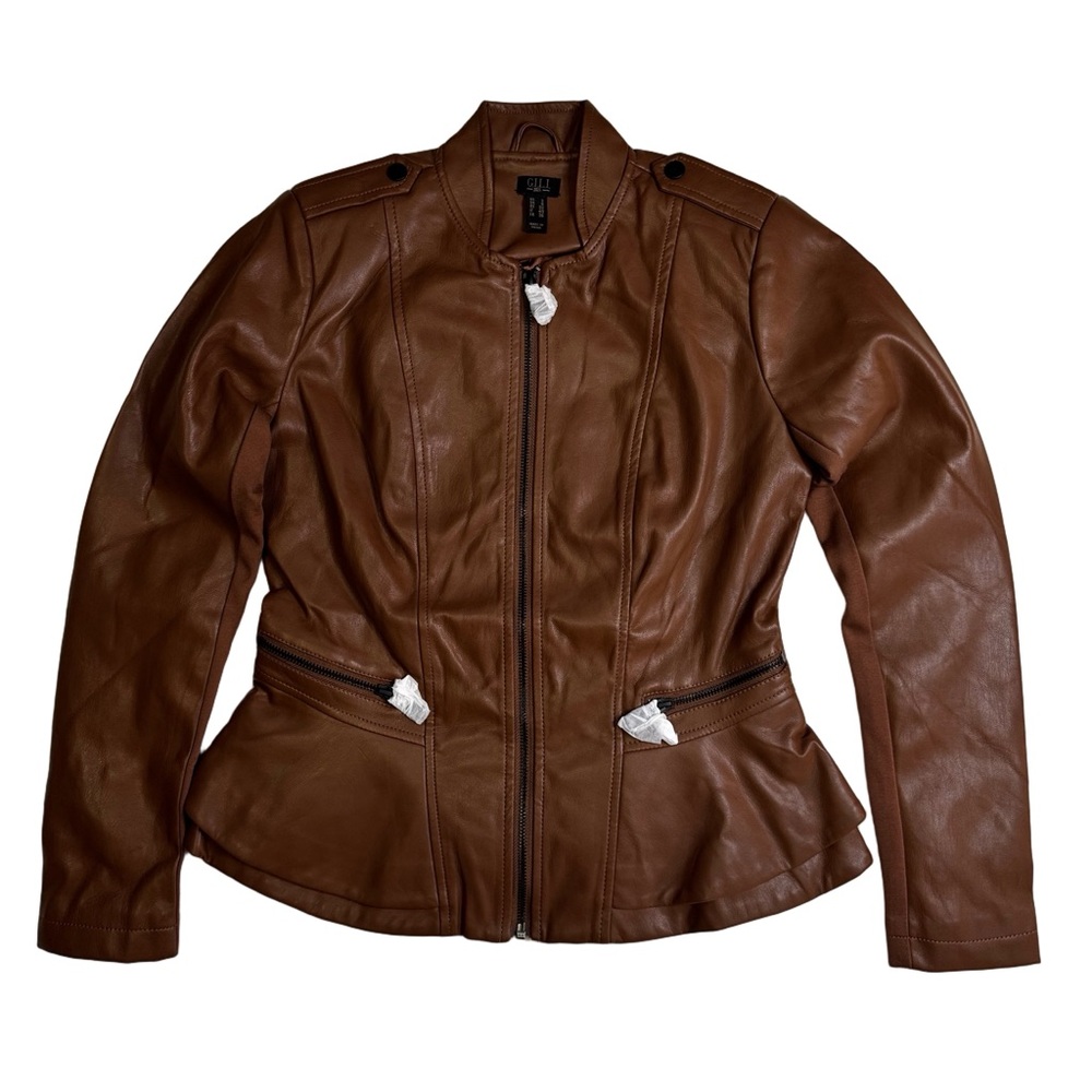 GILI British Tan Leather Peplum Jacket Coat 
Size 2  Zip Front and Sleeves NWT - Picture 16 of 17